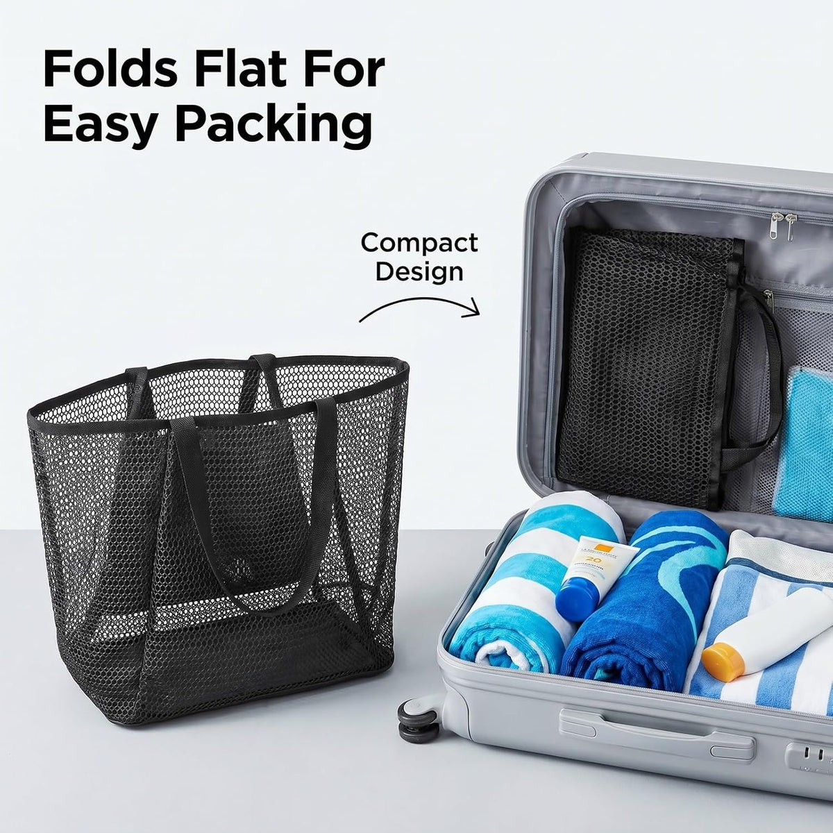 Foldable Mesh Tote Bag For Women, Summer Travel Beach Tote, Sandproof Nylon Mesh With Large Inner Pockets