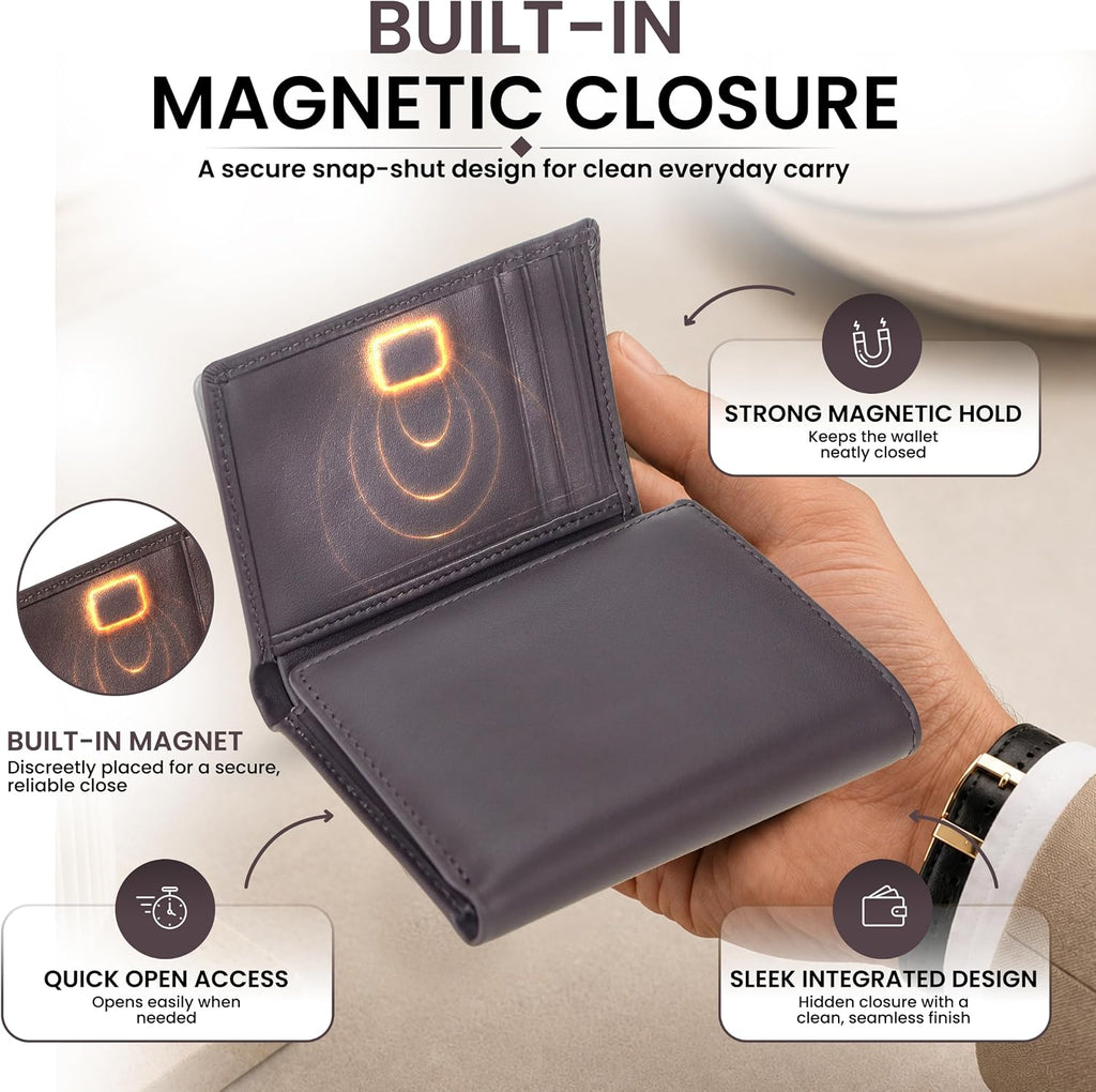 RFID Trifold Wallet for Men Genuine Napa Leather, Magnetic Closure