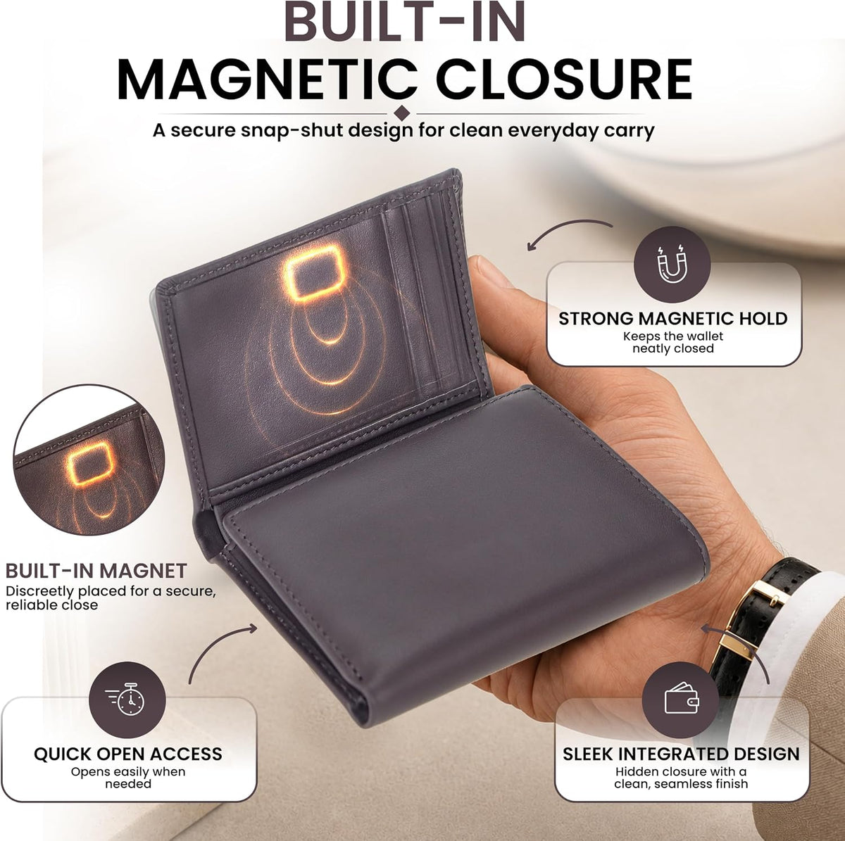 RFID Trifold Wallet for Men Genuine Napa Leather, Magnetic Closure