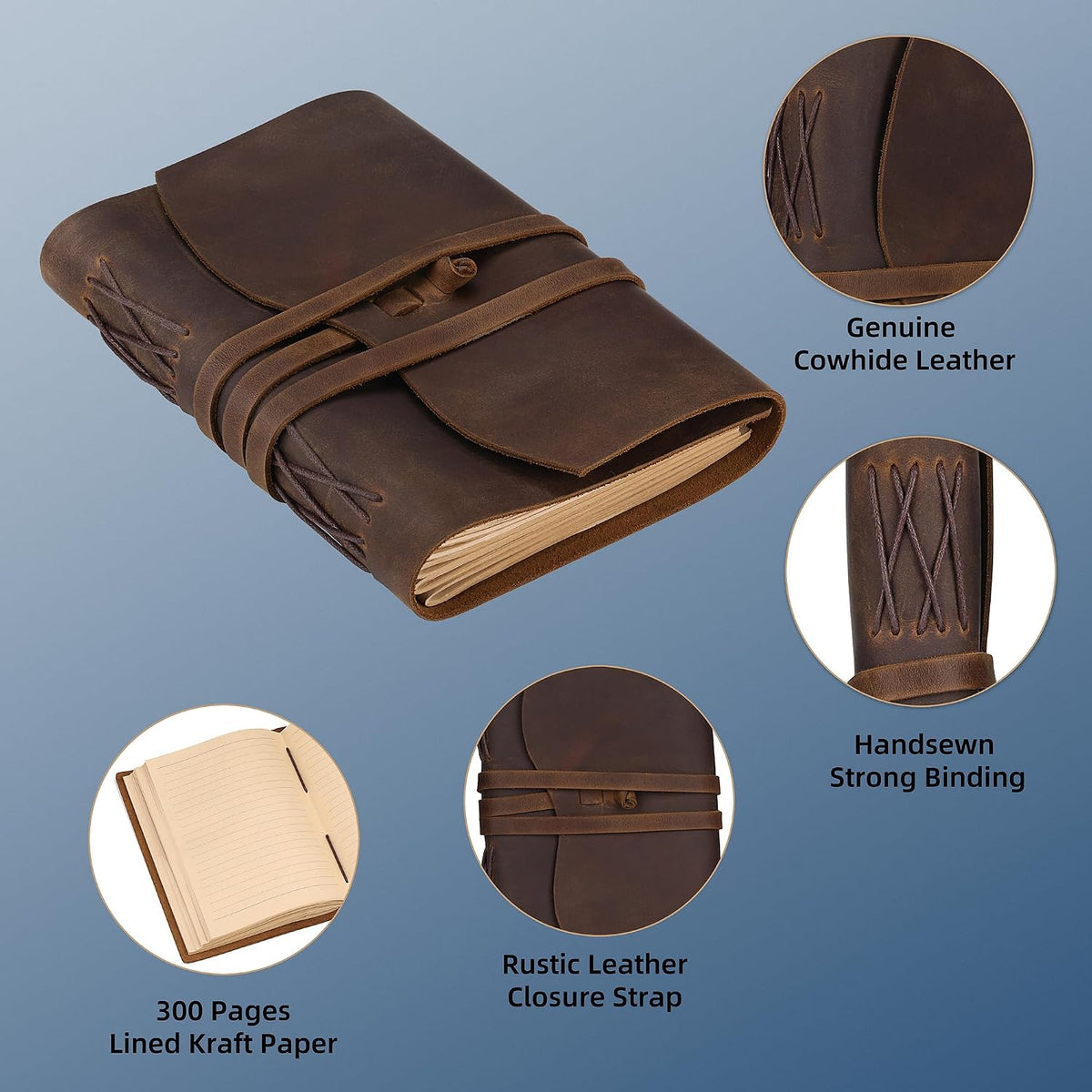 Leather Journal Notebook Genuine Leather Bound Journal Cover for Writing 300 Handmade Kraft A5 Lined Pages Vintage Journal Daily Notepad for Men Women Travel, Brown (8''x6'')