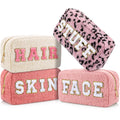 Paterr 4 Pcs Preppy Makeup Bags Chenille Letter Patches, Pink Colors