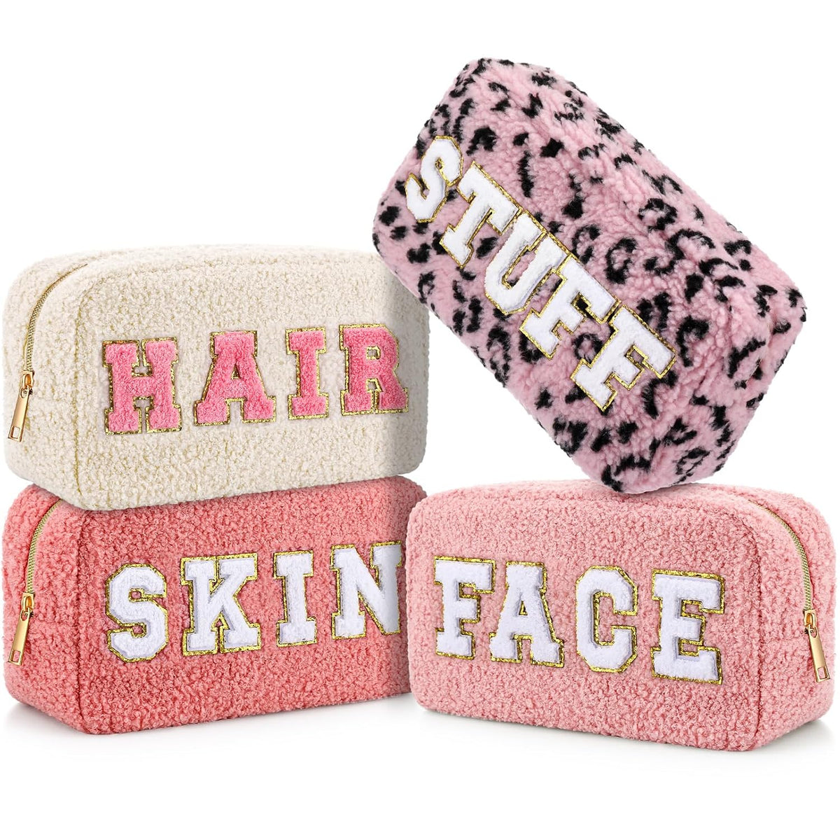 Paterr 4 Pcs Preppy Makeup Bags Chenille Letter Patches, Pink Colors
