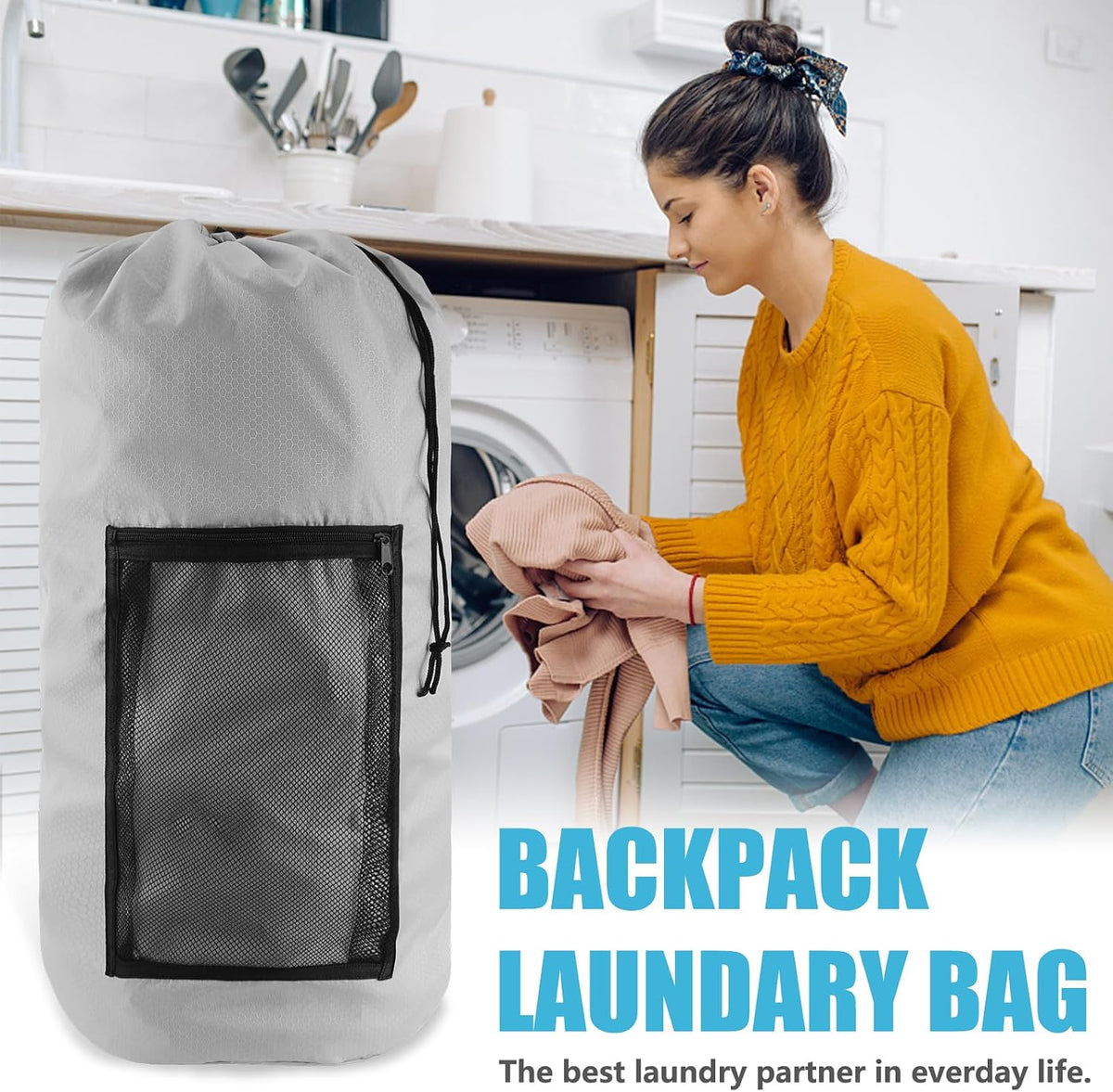 Olosar Laundry Bag Backpack, Extra Large Travel Laundry Bag with Mesh Pocket & Adjustable Shoulder Straps,Dirty Clothes Travel Bag for College Students Dorm,Apartment(Light Gray)