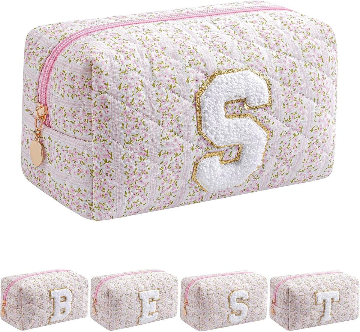 JOVAKIT Alphabet Makeup Bag Cosmetic Bag for Women, Christmas Gifts for Girls Age 6-18, Floral Flowers Coquette Travel Toiletry Zipper Make Up Pouch Organizer Trendy Stuff (Pink Floral S)