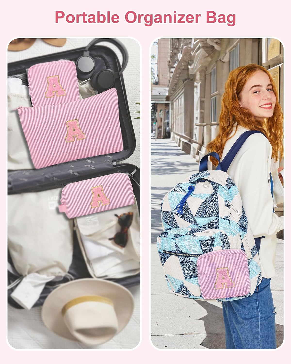 MONSTINA Personalized Initial Makeup Bag 3-piece Set for Women Teen Girls