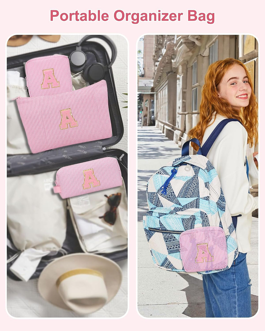 MONSTINA Personalized Initial Makeup Bag 3-piece Set for Women Teen Girls