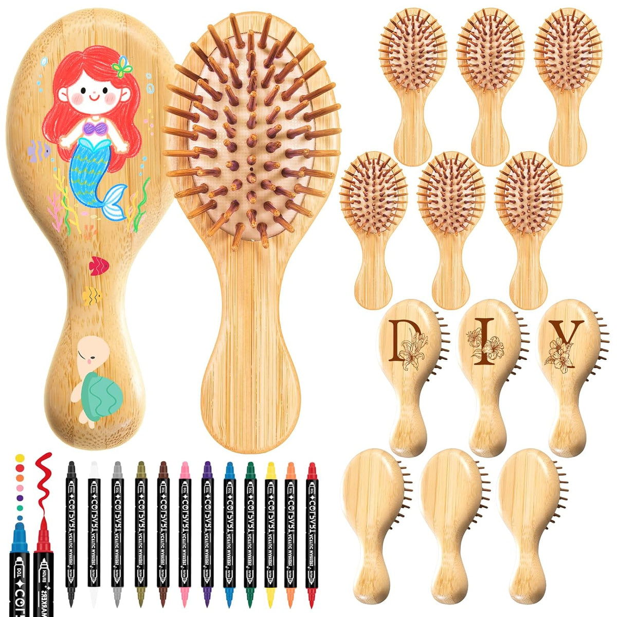 12 Pack Mini Detangling Hair Brush & 12 Color Dual-Tip Marker