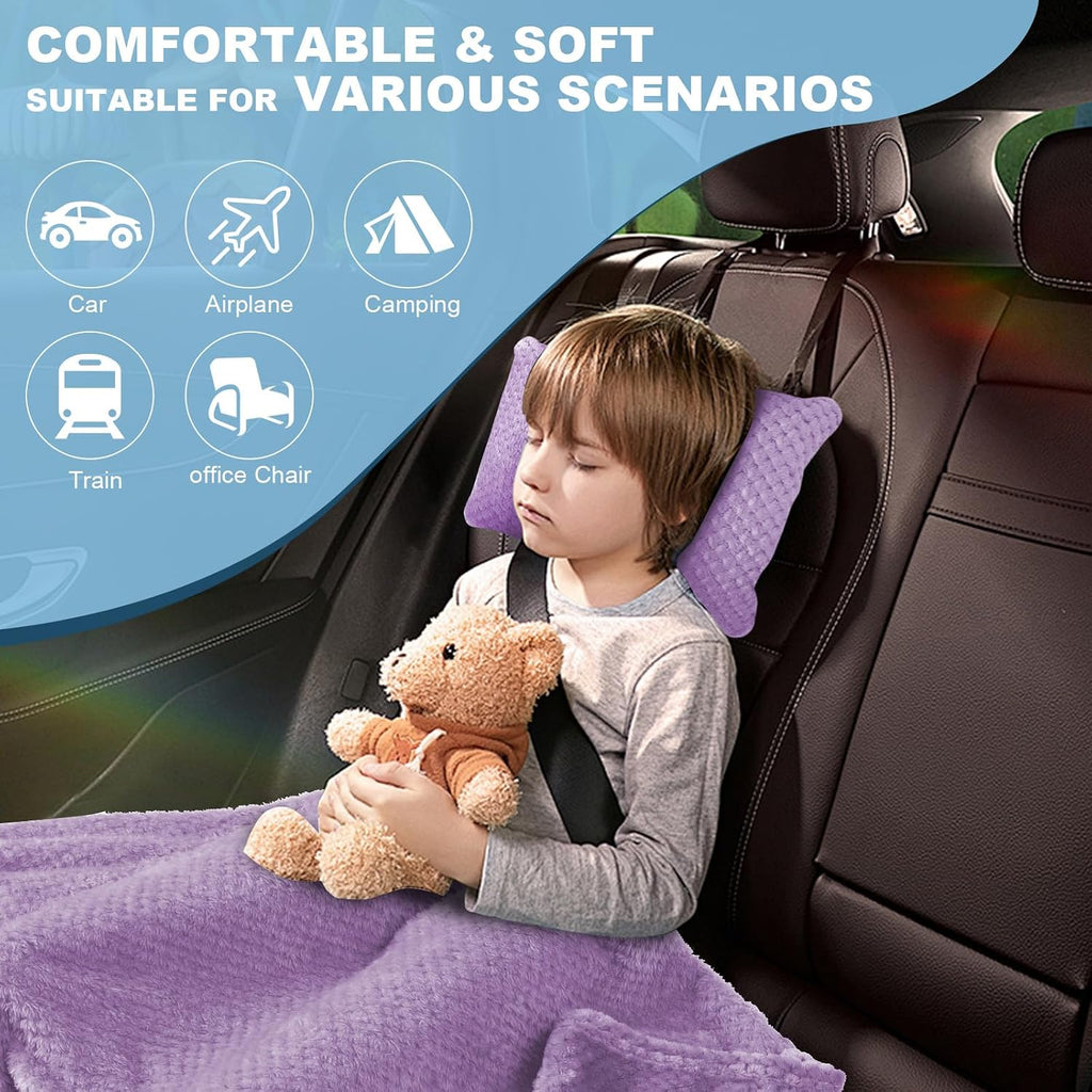 3 in 1 Travel Pillow and Blanket Set - 280 GSM Travel Blanket Airplane Compact with Bag, Inflatable Travel Pillow, Packable Airplane Blanket, Luggage Sleeve & Backpack Clip (Light Purple)