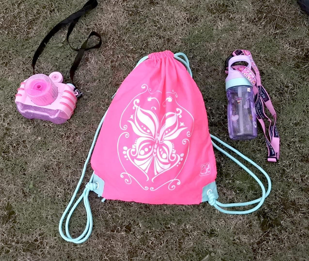 Girls Packable Drawstring Bag - 10L Drawstring Sports Cinch Bag with Zipper Pockets n Adjustable Shoulder Straps for age 6+ (Flamming)