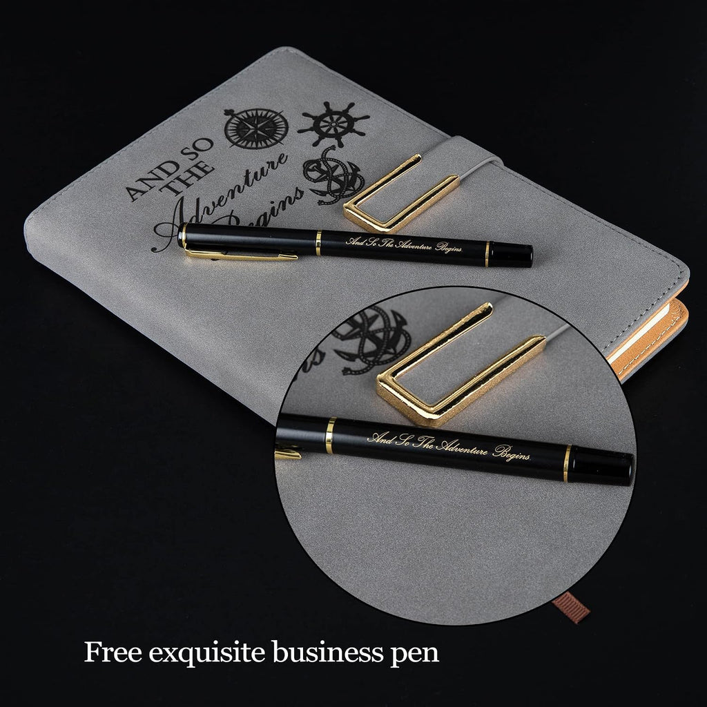 Fanery Sue Refillable Adventure Writing Journal For Men & Women Faux Leather Hardcover Notebook A5 College Ruled 200 Lined Pages Lay-Flat Personal Diary With Pen & Magnetic Buckle （Adventure - Grey