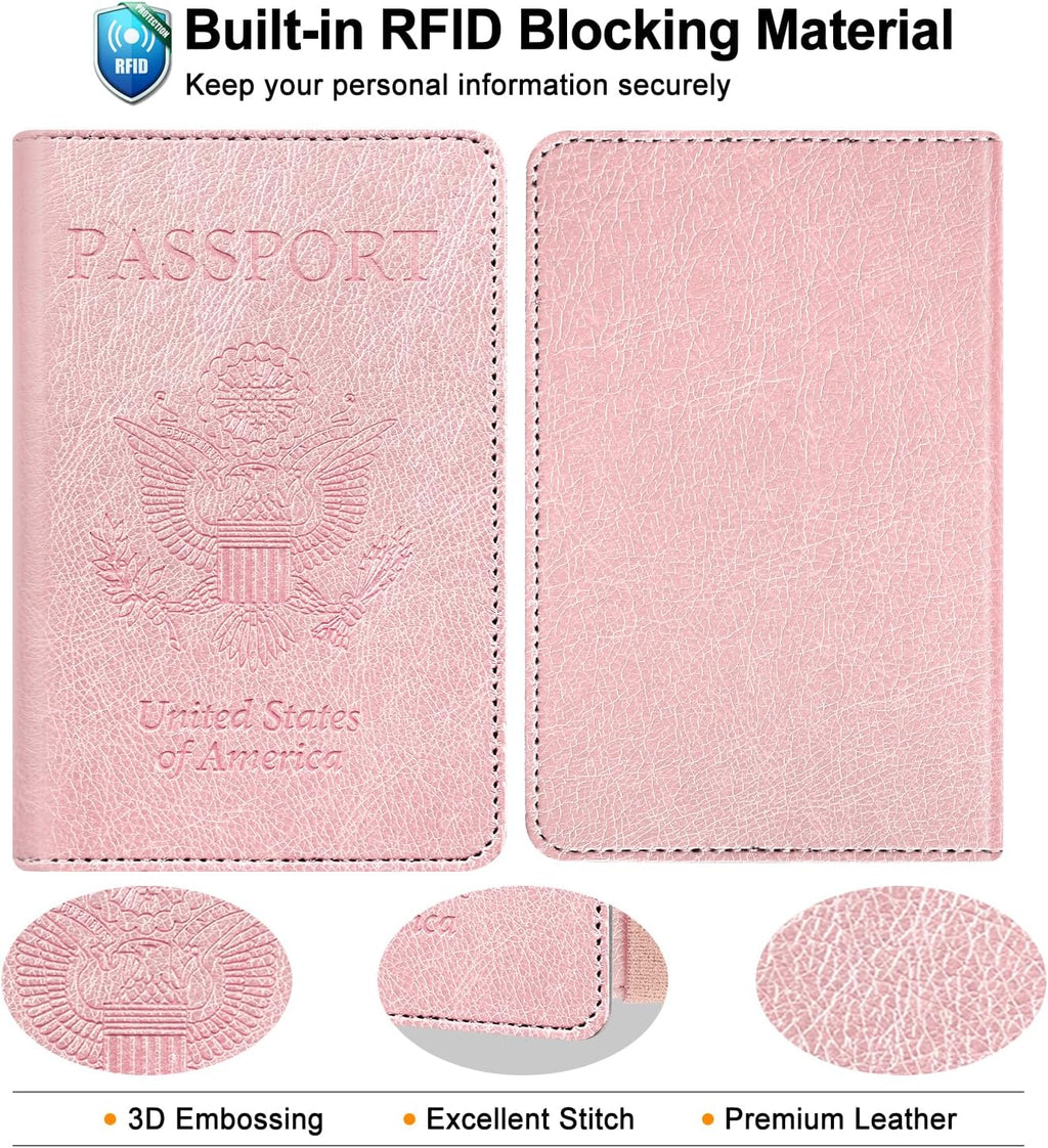 RSAquar Passport Holder for Women and Men, Premium PU Leather RFID Blocking Travel Passport Wallet Cover Documents Organizer, Rose Gold