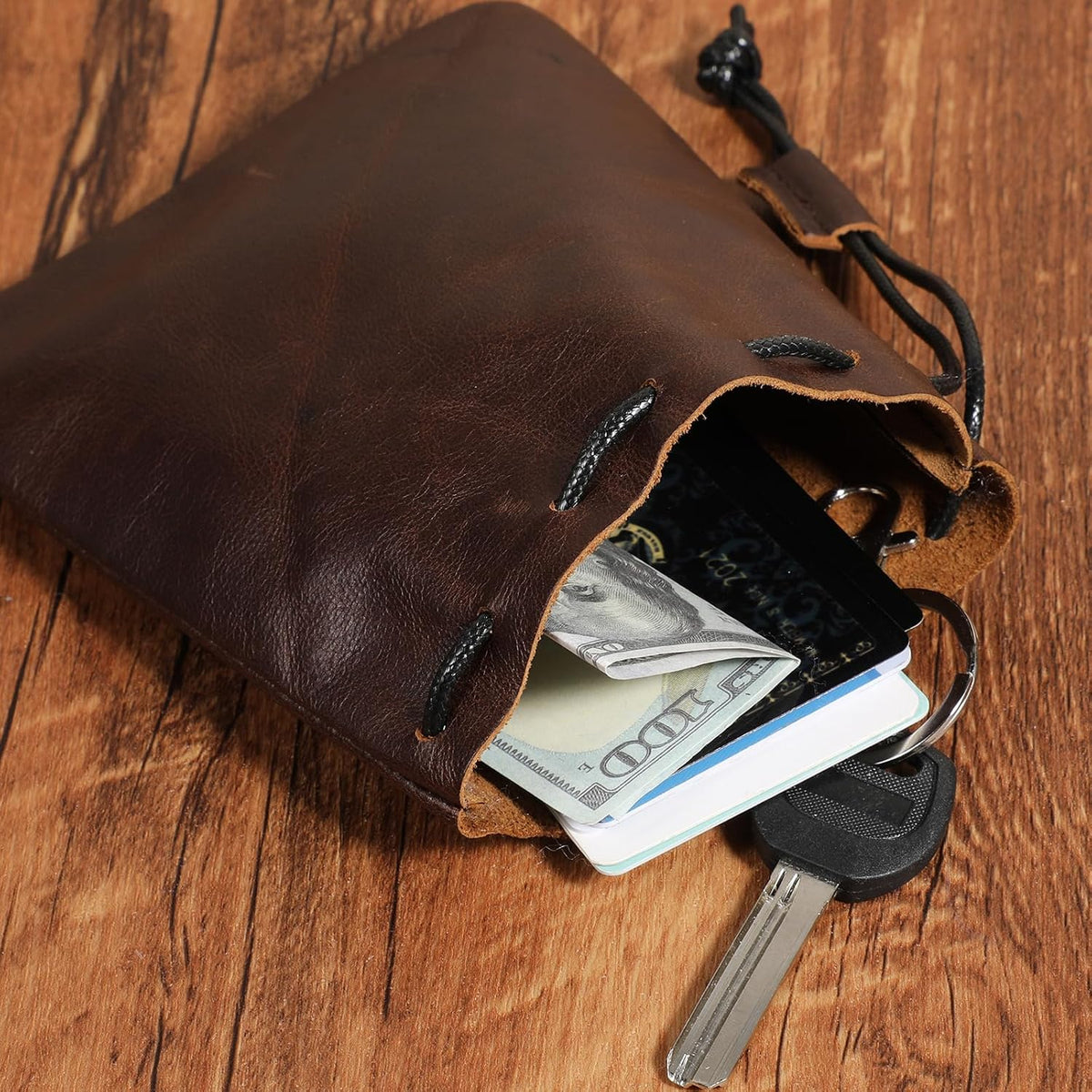 Drawstring Cowhide Bag, Leather Storage Bags Waterproof Pouch