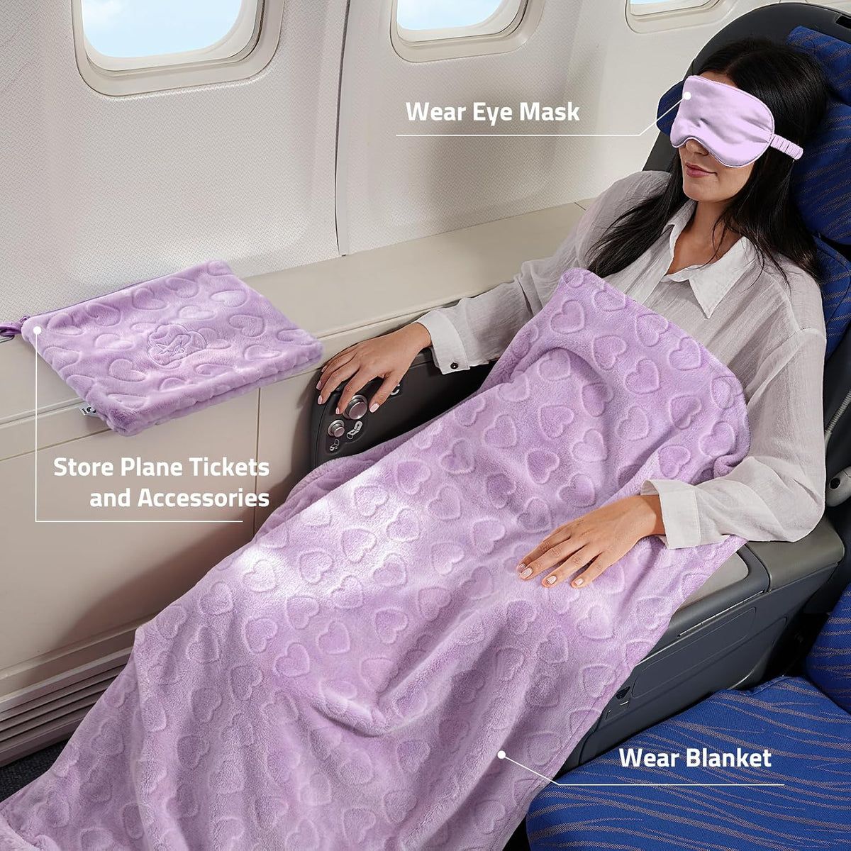 Travel Blanket, Airplane Blanket, Ultra-Soft, Warm & Lightweight, 65x40 in, Outdoor Blanket Essentials for Women, Men & Kids, Included Eye Mask, Luggage Sleeve & Backpack Clip Heart Purple