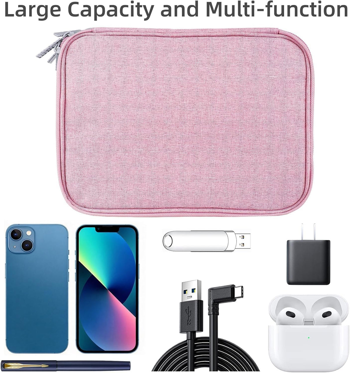 Electronic Organizer Travel Case, Travel Cable Bag, Water Resistant, Double Layers Pouch for Cables, Cords, iPad Mini, Gift for Women, Nylon, Pink, 9.5 x 6.9 x 1 Inch, 6.6 OZ
