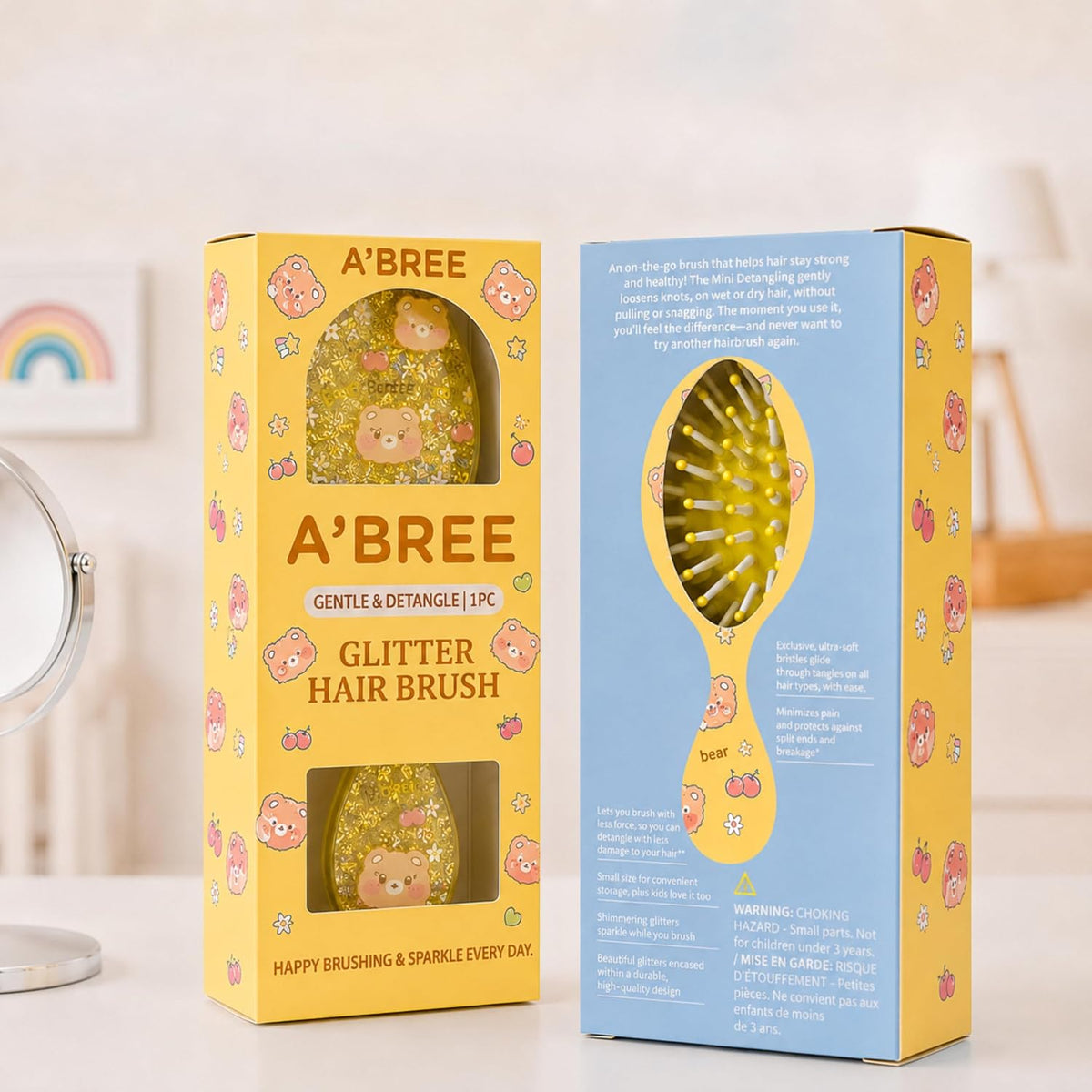 A'BREE Mini Glitter Detangling Hair Brush for Kids Girls Women – Gentle Wet and Dry Hairbrush, Travel Sized Tangle Free Knot Tamer for Toddler, Adorable Character Glitter Design (Sunny Yellow)