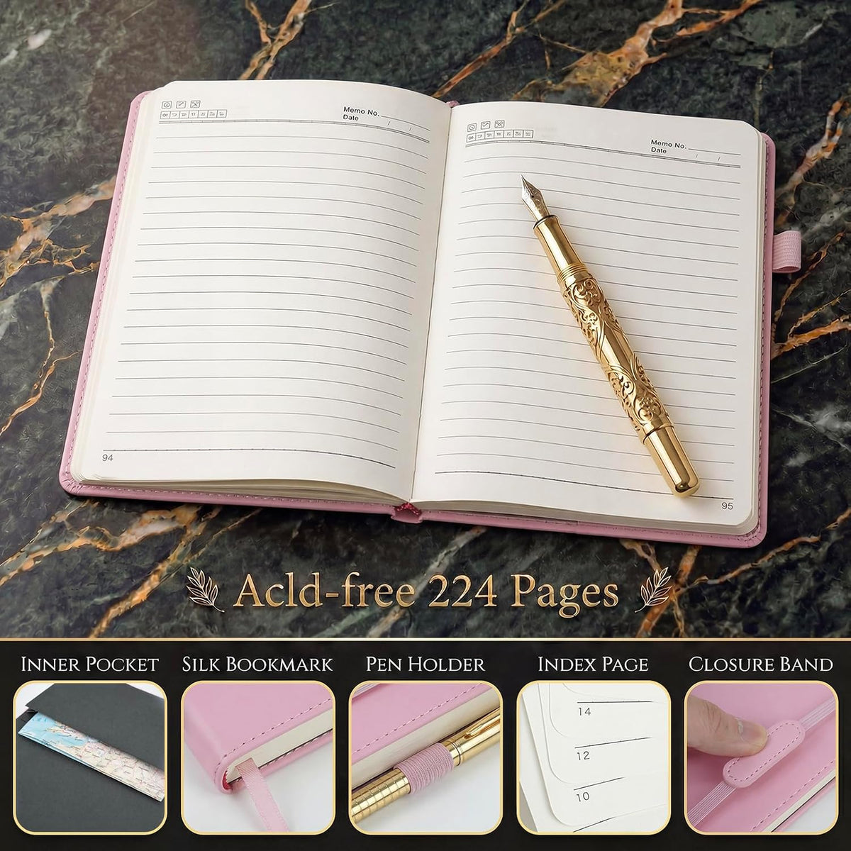 Vintage Hardcover Leather Journal Notebook, A5 Lined Notebook for Business Work School, 224 Pages 100GSM Thick No Bleed Paper, 180° Lay Flay Premium Writing Notebook for Note Taking Daily Diary Travel (Pink)