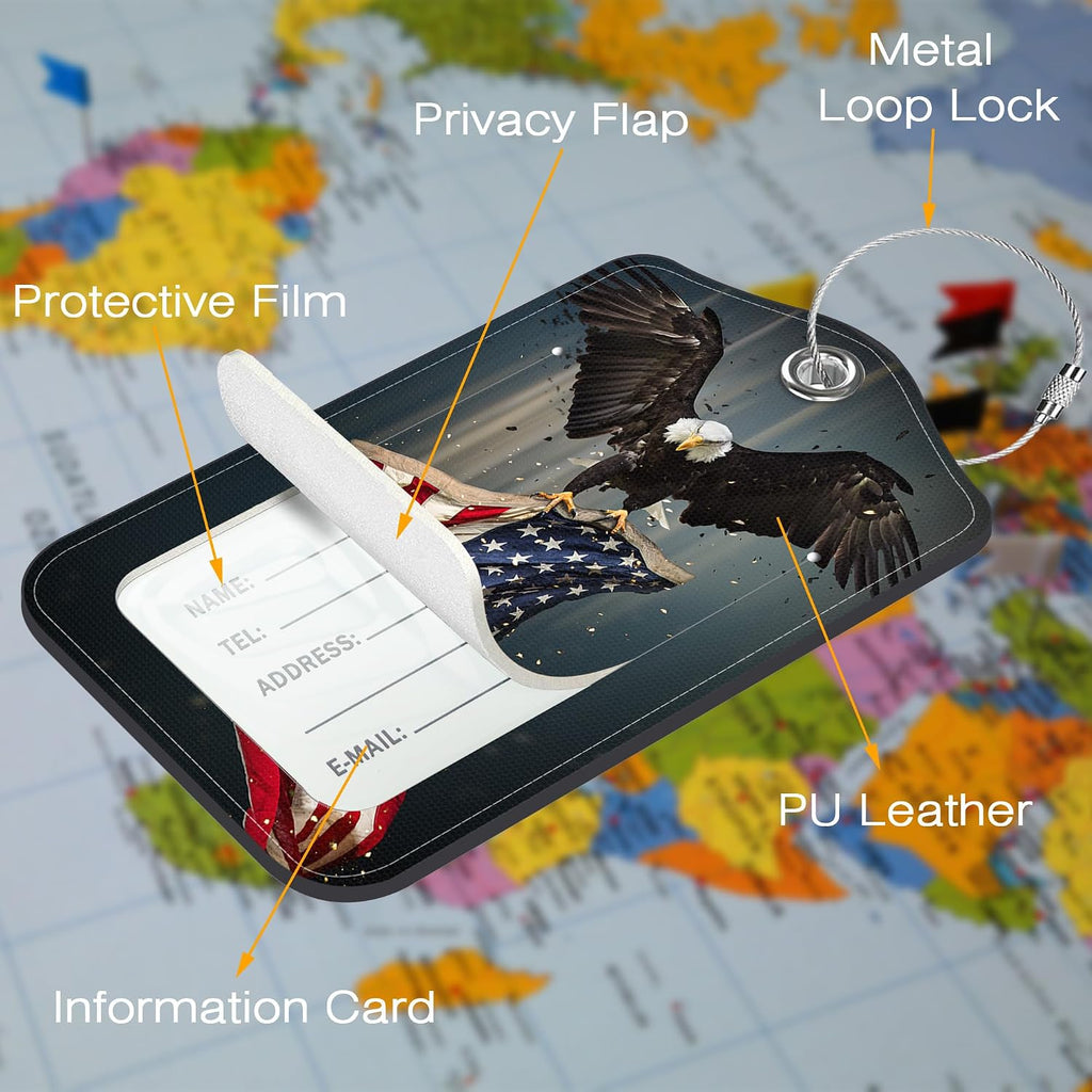 American Flag and Bald Eagle Luggage Tag for Suitcase 2 Pack Leather Luggage Tag with Privacy Flap Name ID Label and Metal Loop for Women Men Travel