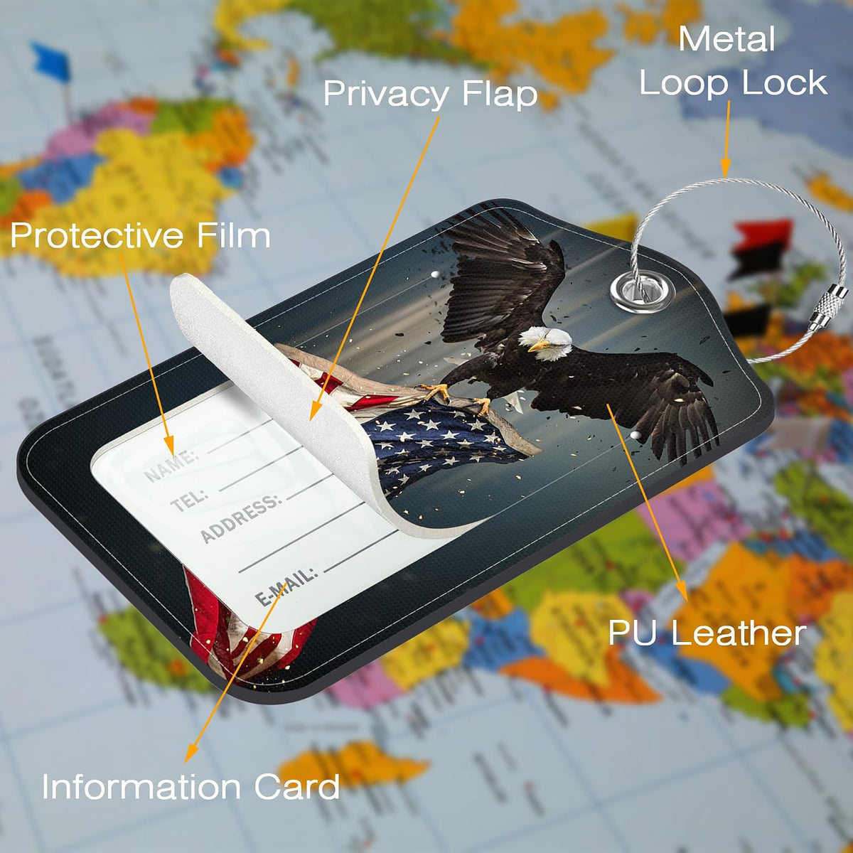 American Flag and Bald Eagle Luggage Tag for Suitcase 2 Pack Leather Luggage Tag with Privacy Flap Name ID Label and Metal Loop for Women Men Travel