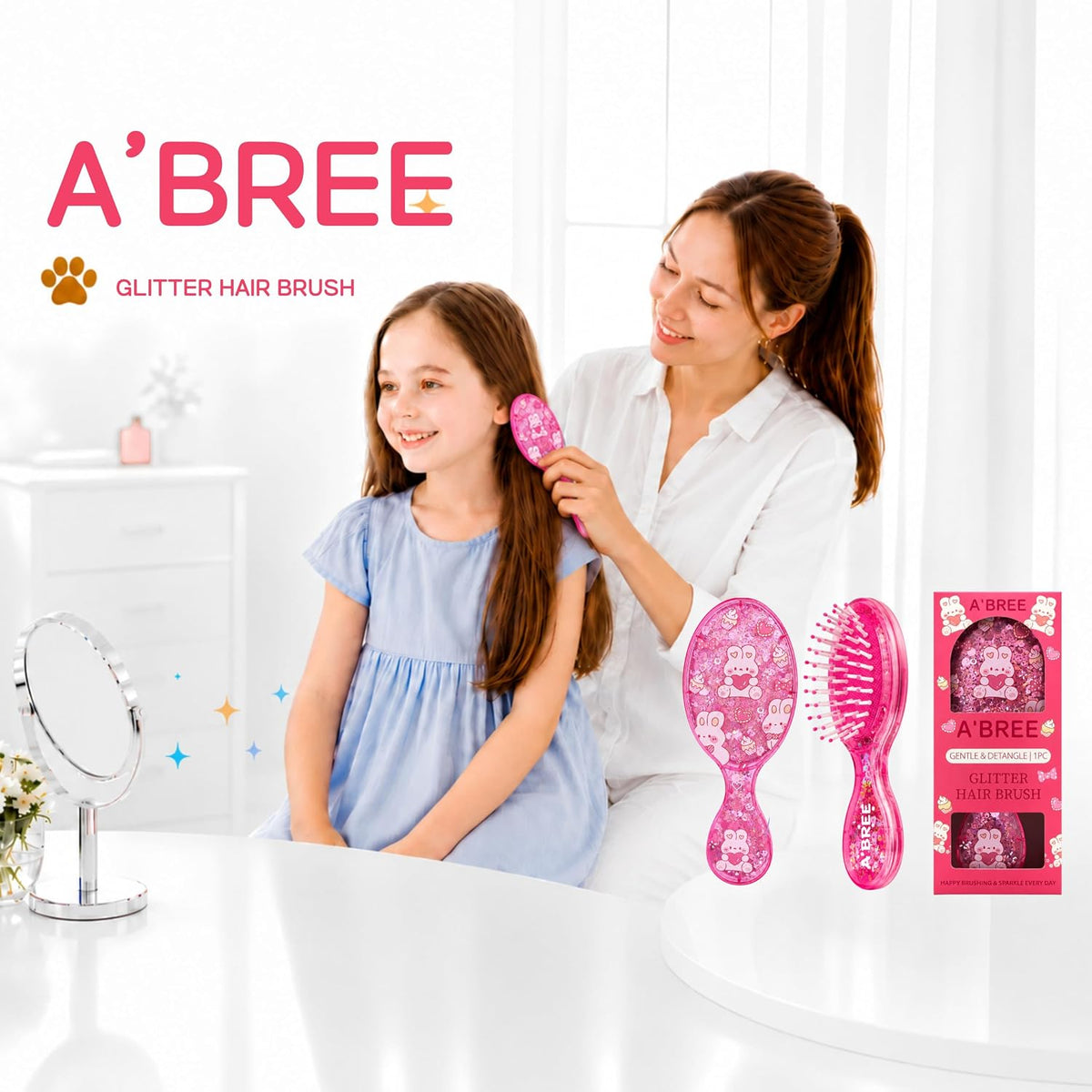 A'BREE Mini Glitter Detangling Hair Brush for Kids Girls Women – Gentle Wet and Dry Hairbrush, Travel Sized Tangle Free Knot Tamer for Toddler, Adorable Character Glitter Design (Ruby Red)