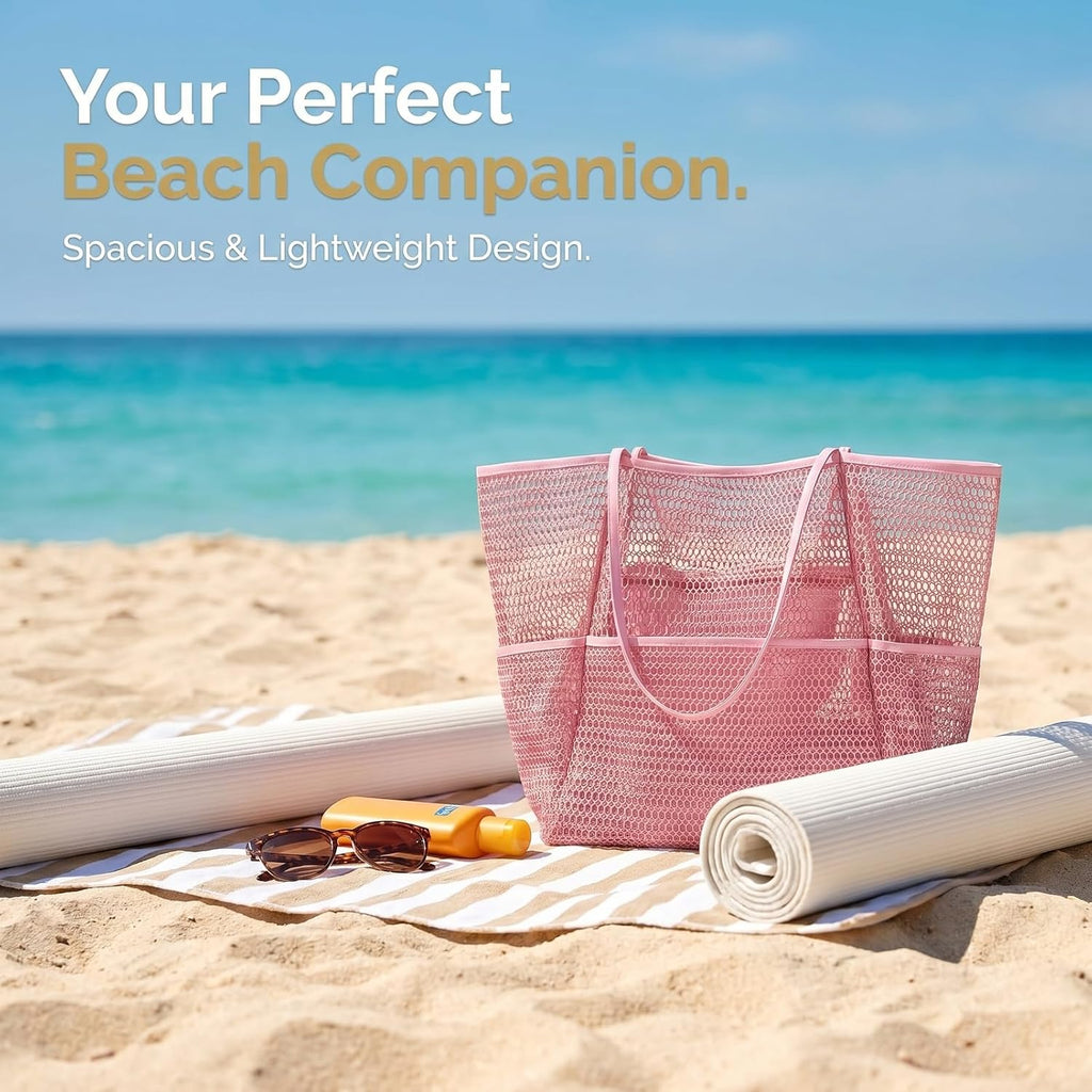 5-Pocket Foldable Mesh Beach Tote for Women, Water-Resistant Sand-Proof Travel Pool Vacation Carryall