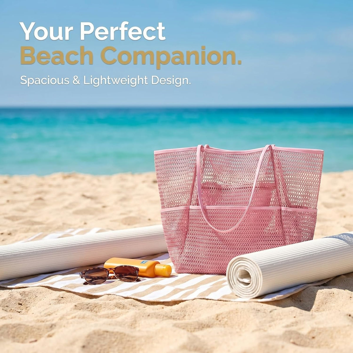 5-Pocket Foldable Mesh Beach Tote for Women, Water-Resistant Sand-Proof Travel Pool Vacation Carryall