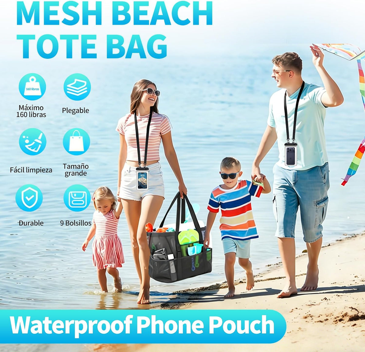 Amamlety Mesh Beach Bag with 2 Pack Large Waterproof Phone Pouch Set, foldable Tote Bag with Multiple Pockets,Universal Dry Bag,Pool Toys Cruise Travel Vacation Essentials for Family Summer 4 Keychain