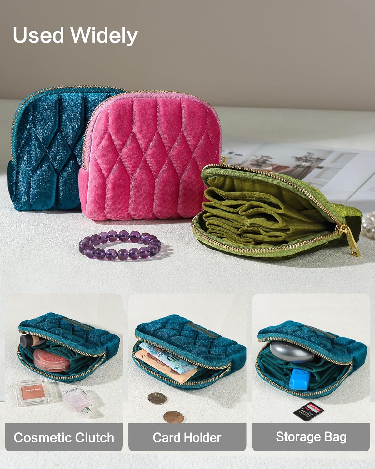 Small Travel Jewelry Case, Velvet Pouch with Zipper, Teal Blue