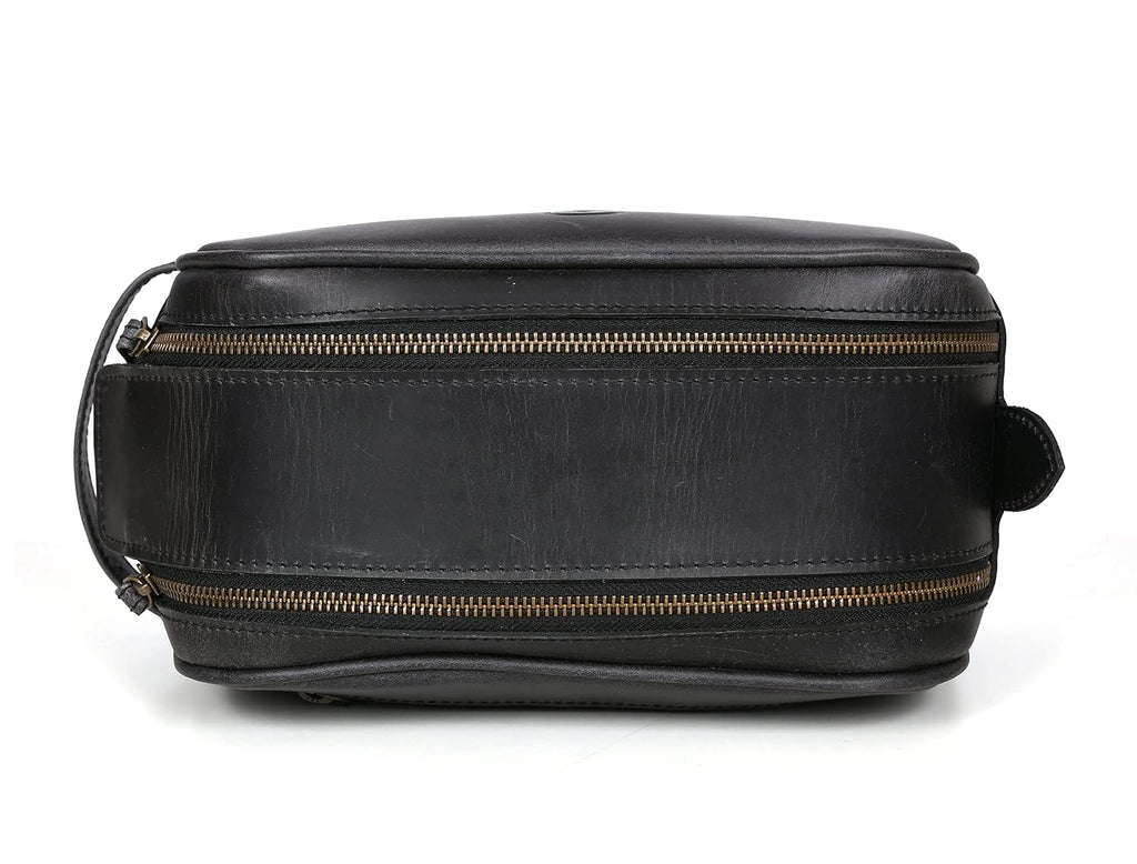 10" Premium Leather Toiletry Travel Pouch With Waterproof Lining Black Color | King-Size Handcrafted Vintage Shaving Kit By Aaron Leather Goods (Florida Black)