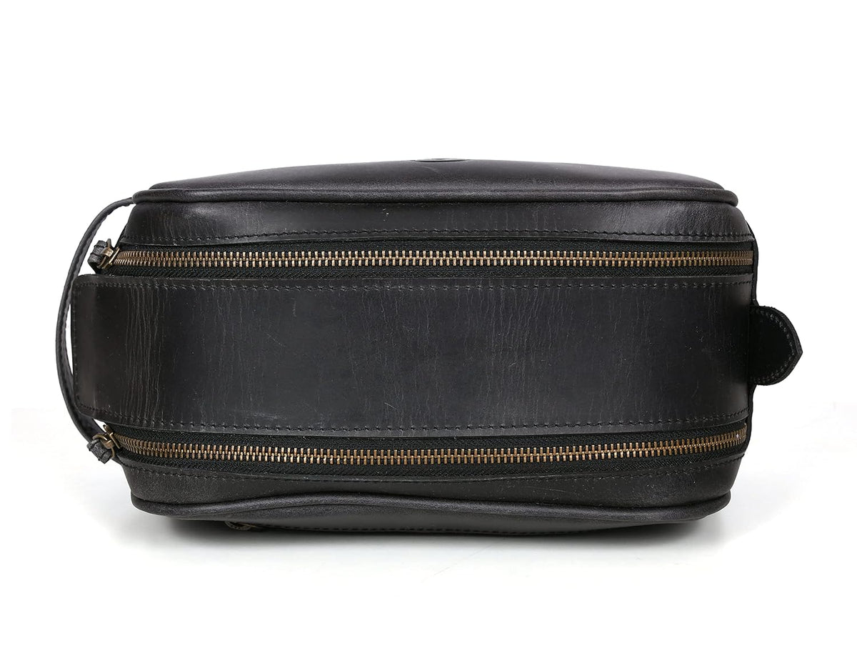 10" Premium Leather Toiletry Travel Pouch With Waterproof Lining Black Color | King-Size Handcrafted Vintage Shaving Kit By Aaron Leather Goods (Florida Black)
