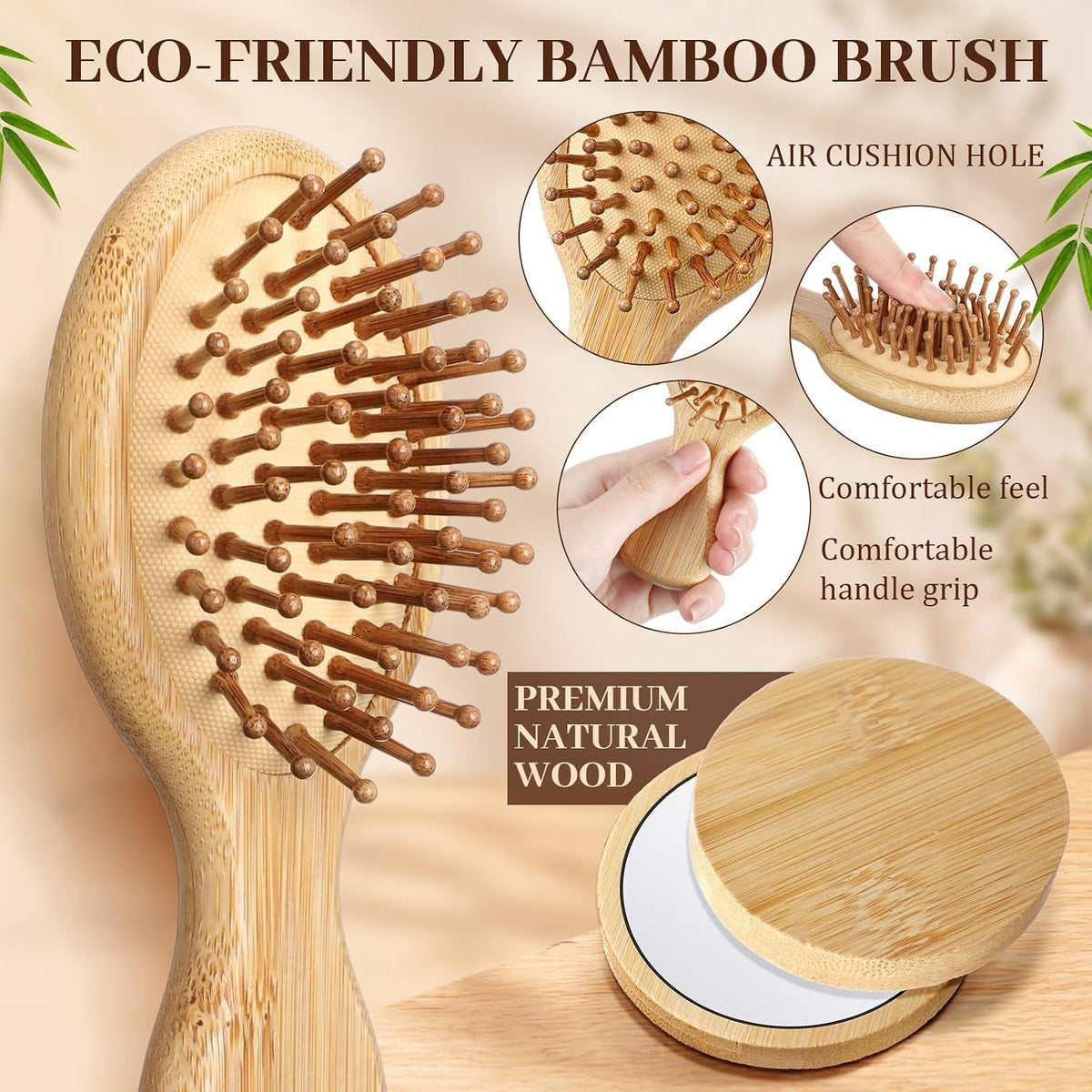 Meanplan Mini Bamboo Hair Brush Bulk with Mirror for Woman, 48 Pack, Oval