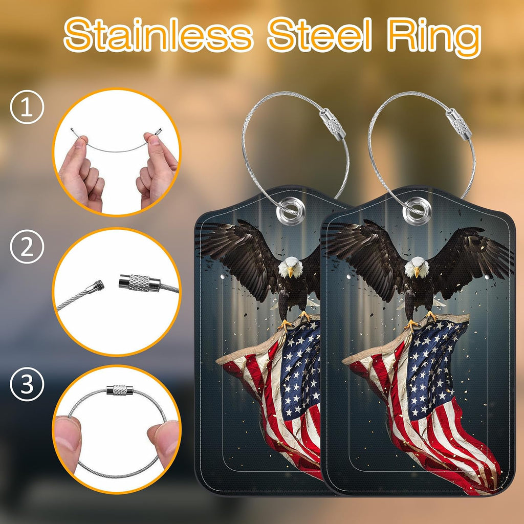 American Flag and Bald Eagle Luggage Tag for Suitcase 2 Pack Leather Luggage Tag with Privacy Flap Name ID Label and Metal Loop for Women Men Travel