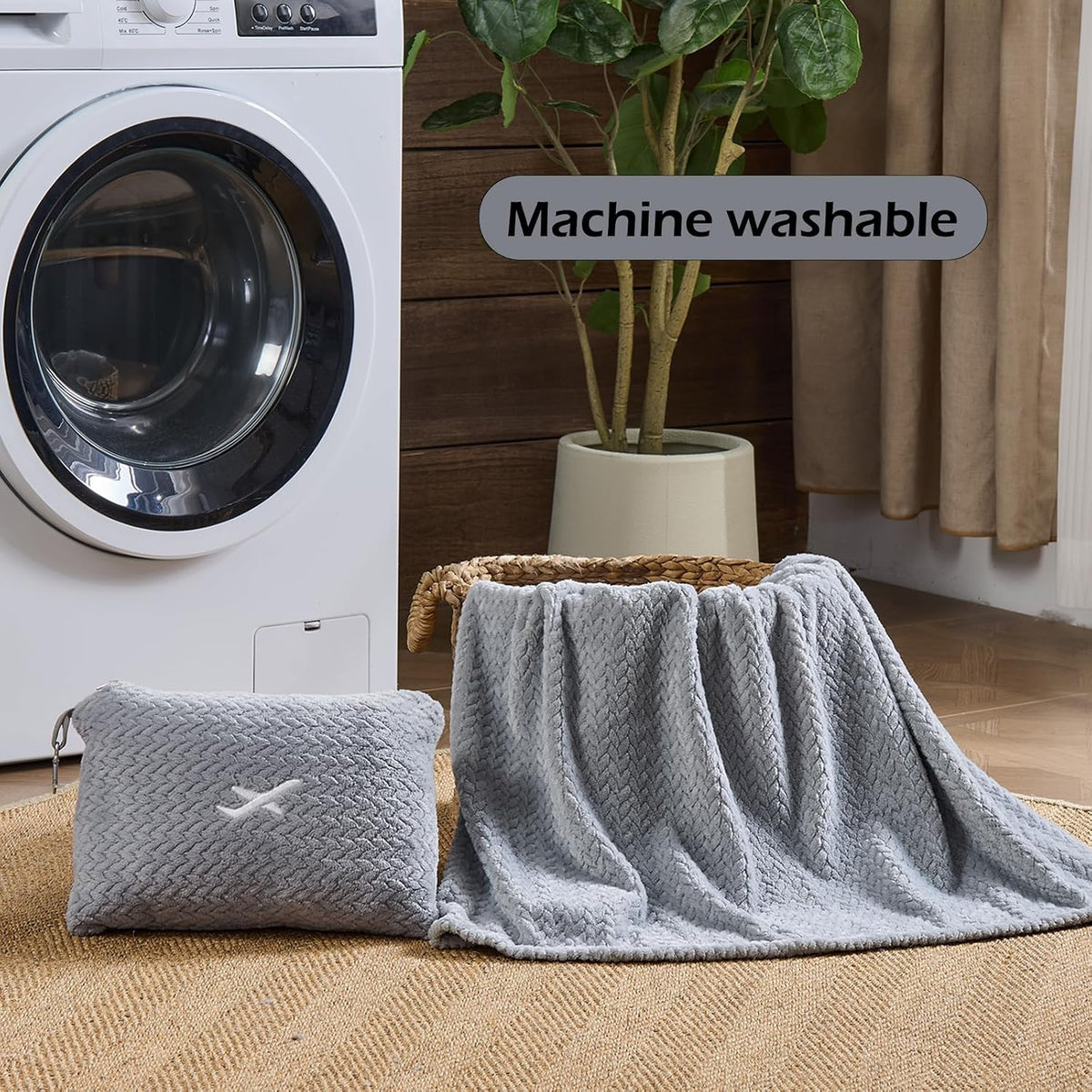NEWCOSPLAY Travel Blanket with Storage Bag for Airplane Travel, Light Grey