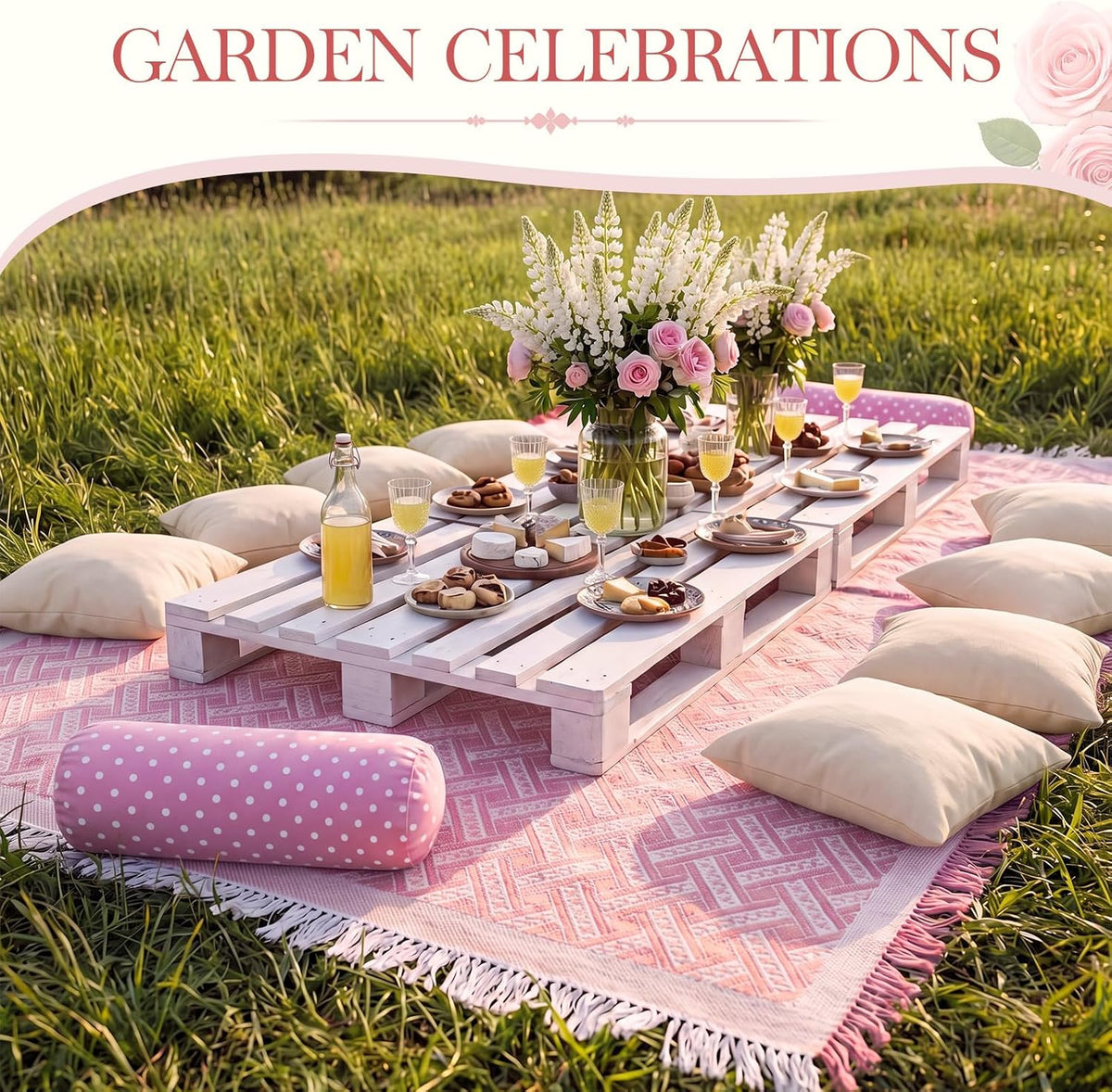 1 Pack White Pink Extra Large Picnic Blanket, 71 x 91 Inches