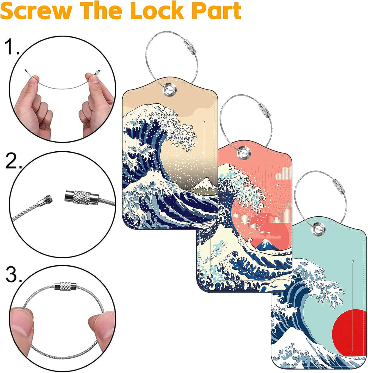 3 Pack PU Leather Luggage Tag for Suitcase Japanese Ocean Wave Suitcase Tags with Privacy Name ID Label and Stainless Steel Loop for Travel Bag
