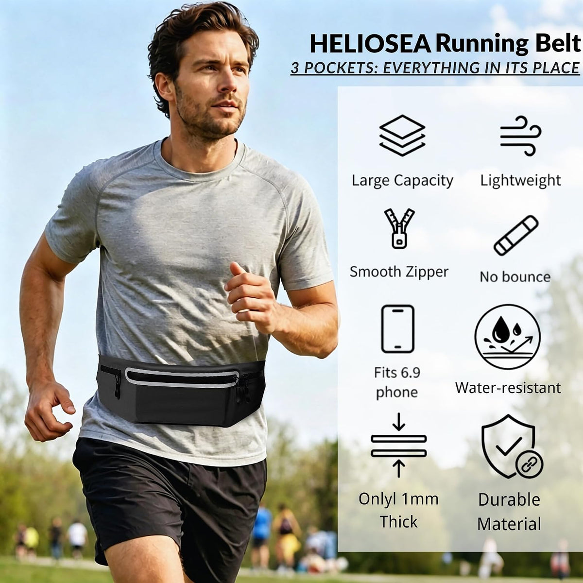 Running Belt for Men Women, Ultra-thin Run Belt with Pockets Secure Adjustable Fanny Pack Marathon Jogging Runners Belt for Phone, Keys & Essentials - Fits 6.9'' Phones (Black, X-Large)