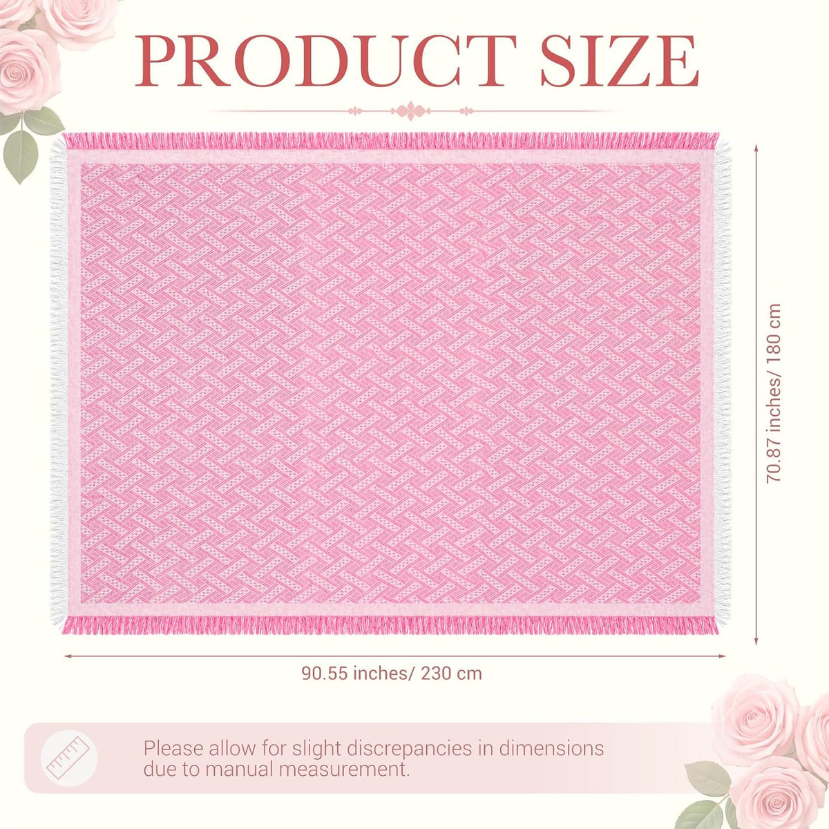 1 Pack White Pink Extra Large Picnic Blanket, 71 x 91 Inches