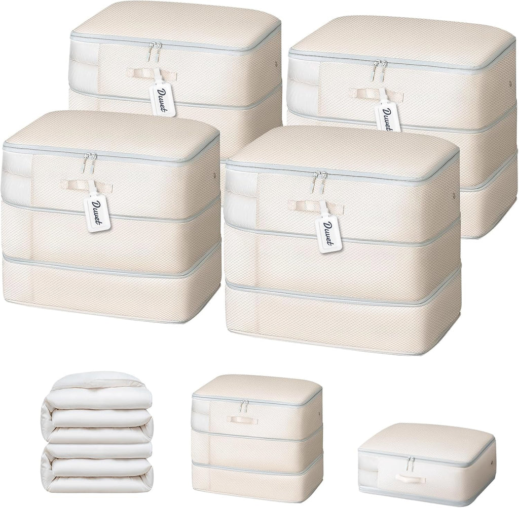 DIMJ Comforter Storage Bag - Large Capacity Ultra Space Saving Self Compression Organize for Duvet, Pillow, Bedding, Blanket Storage Organizer Nylon Compression Bags, Beige, 4 Pack