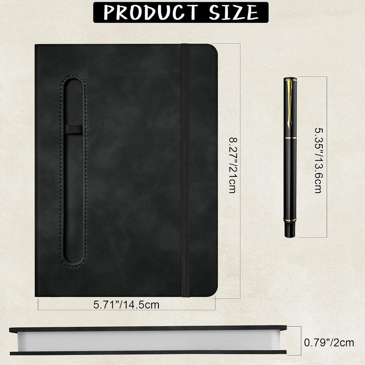 A5 Leather Notebook with Pen and Pen Holder, 224 Pages 100 GSM Thick Lined Paper Hardcover Journal for Men Women, College Ruled Daily Diary for Work Business School Travel - Black