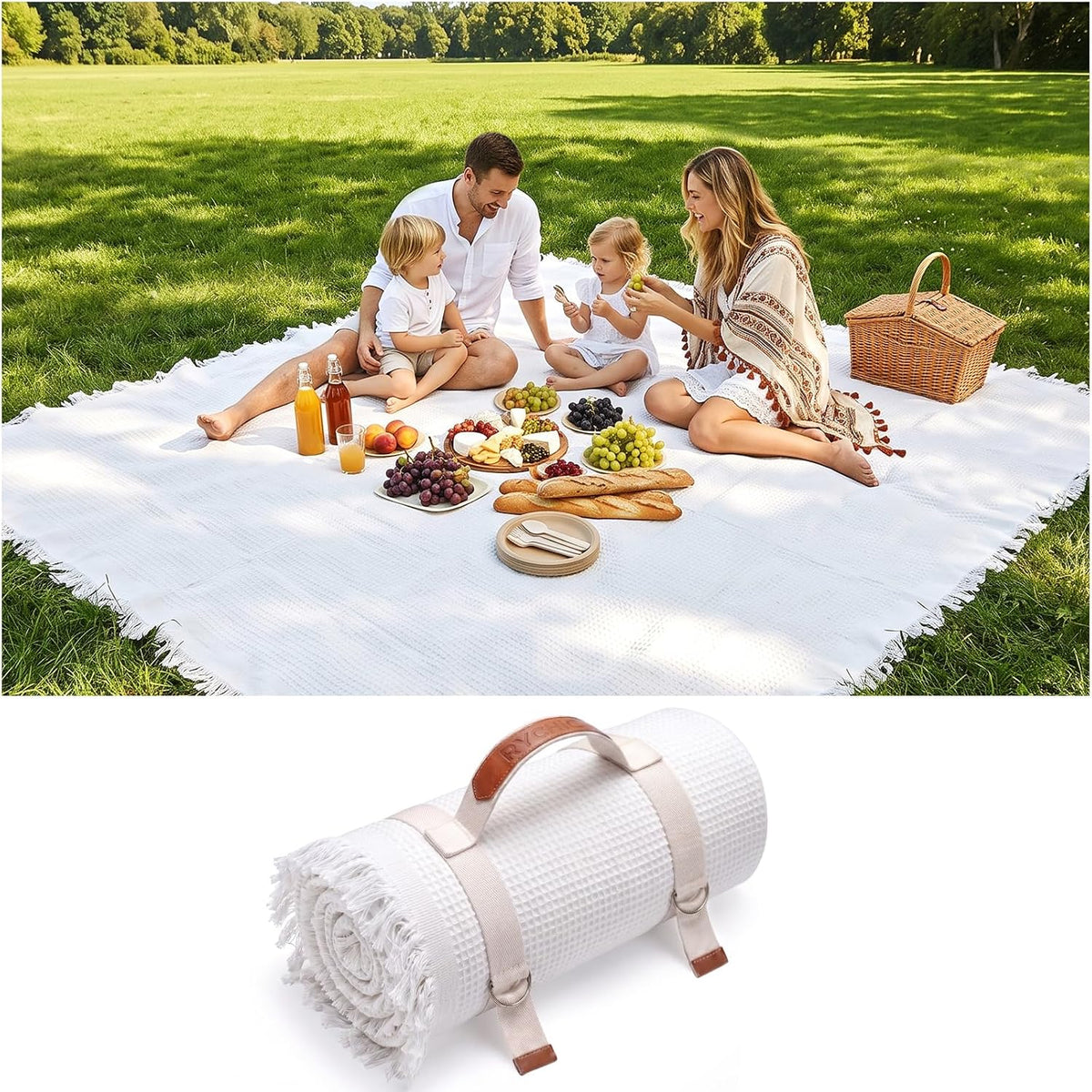 RYCHIC Extra Large Outdoor Boho Picnic Blanket Summer Woven Beach Mat Rectangle Tablecloth White Table Clothes XL Essentials Beach Accessories Garden Party Decor Patio Park Lawn Grass Ground Festival