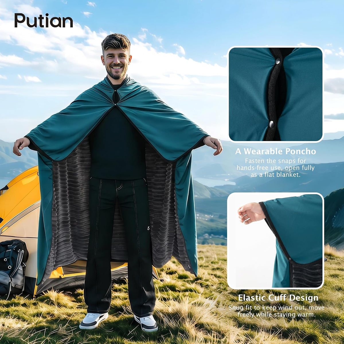 PuTian Camping Blanket with Corduroy Lining, Waterproof, 79"×57", Blue