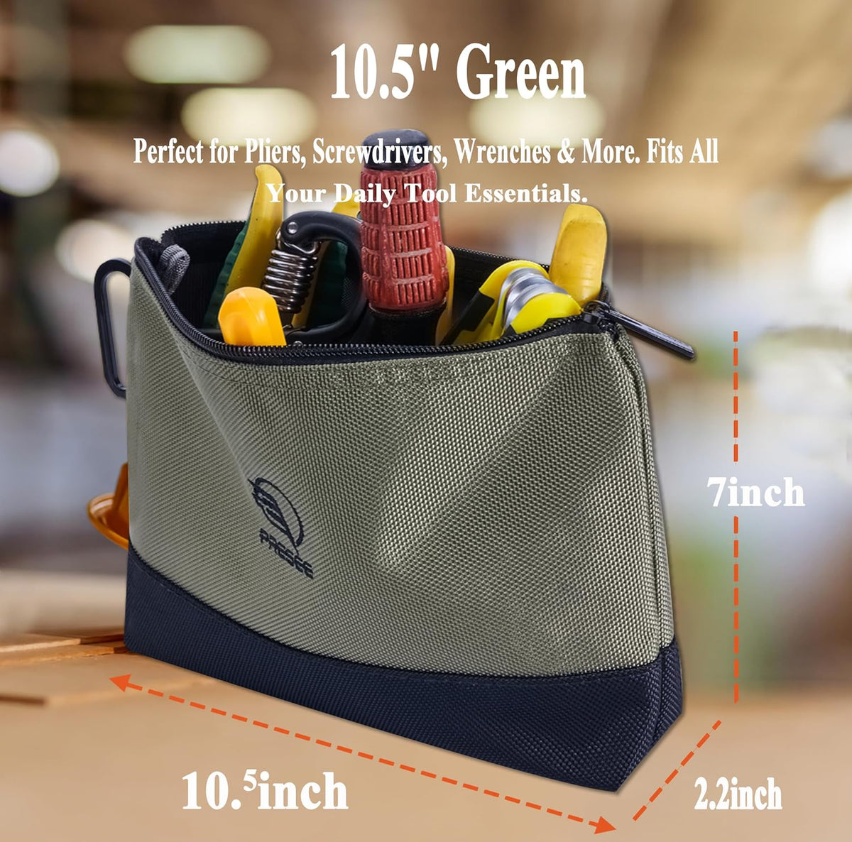 2-Pack 10.5" Heavy-Duty Tool Pouch, 1680D Nylon, Zipper, Green Khaki