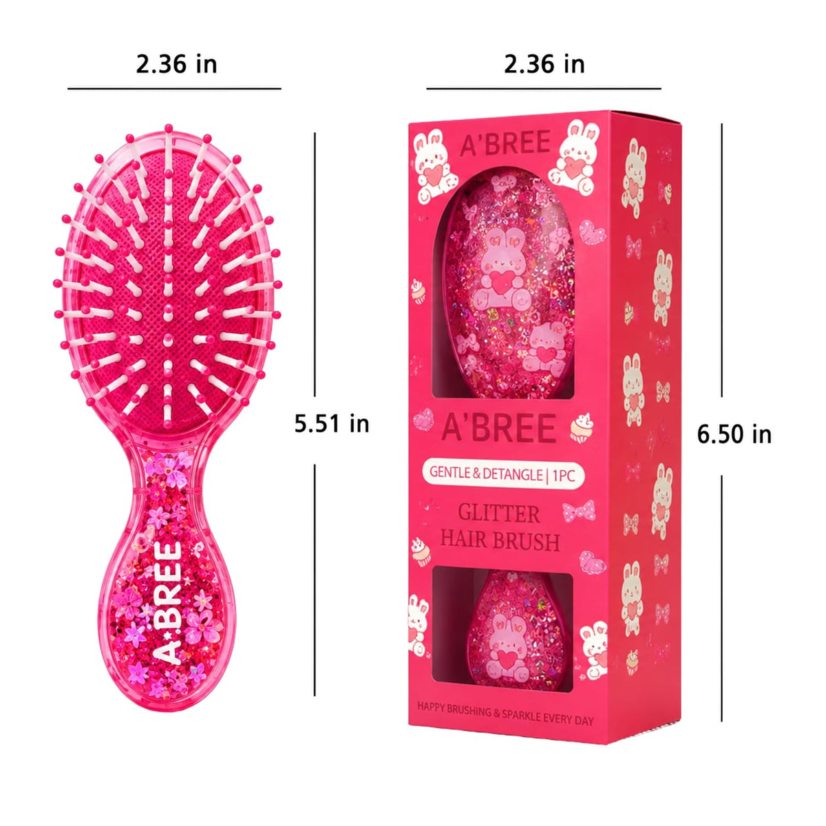 A'BREE Mini Glitter Detangling Hair Brush for Kids Girls Women – Gentle Wet and Dry Hairbrush, Travel Sized Tangle Free Knot Tamer for Toddler, Adorable Character Glitter Design (Ruby Red)