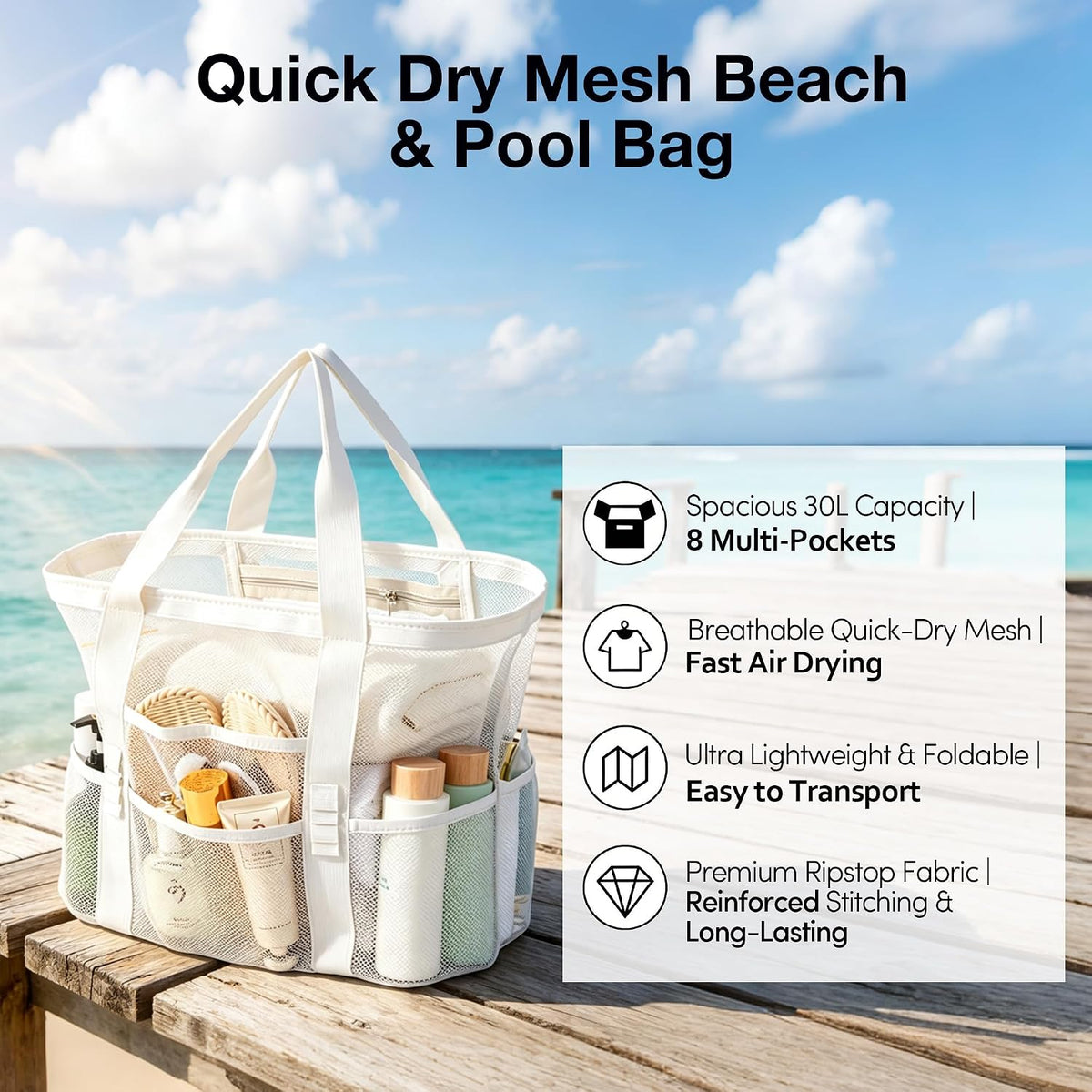 KELMALL XL Mesh Beach Tote, Sandproof Quick Dry Pool Vacation Bag