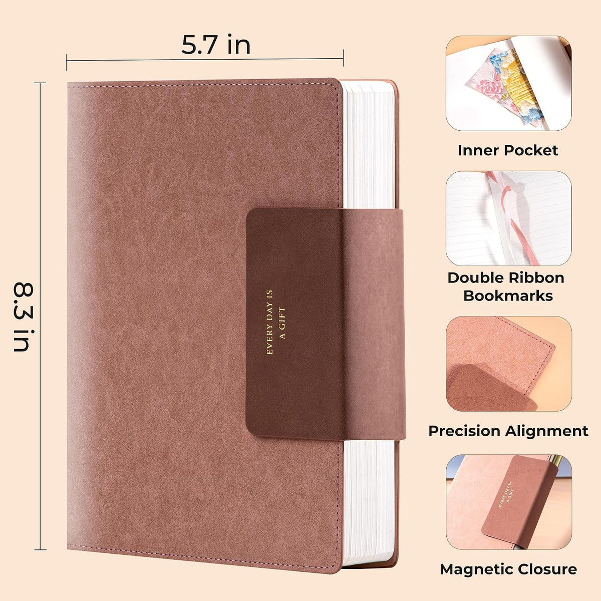 MINICAGIE Lined Leather Journals for Writing A5 Journaling Notebooks with 100 GSM Thick Paper Journal Notebook for Men & Women with Buckle Closure, Work Travel Note Taking Diary, 5.7" x 8.3", Pink