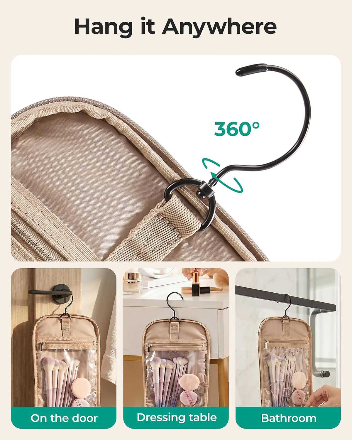 BAGSMART Travel Toiletry Bag for Women, Puffy Hanging Toiletry Bag with Hook, Water-resistant Toiletry Organizer for Full Sized Toiletries (Olive green)