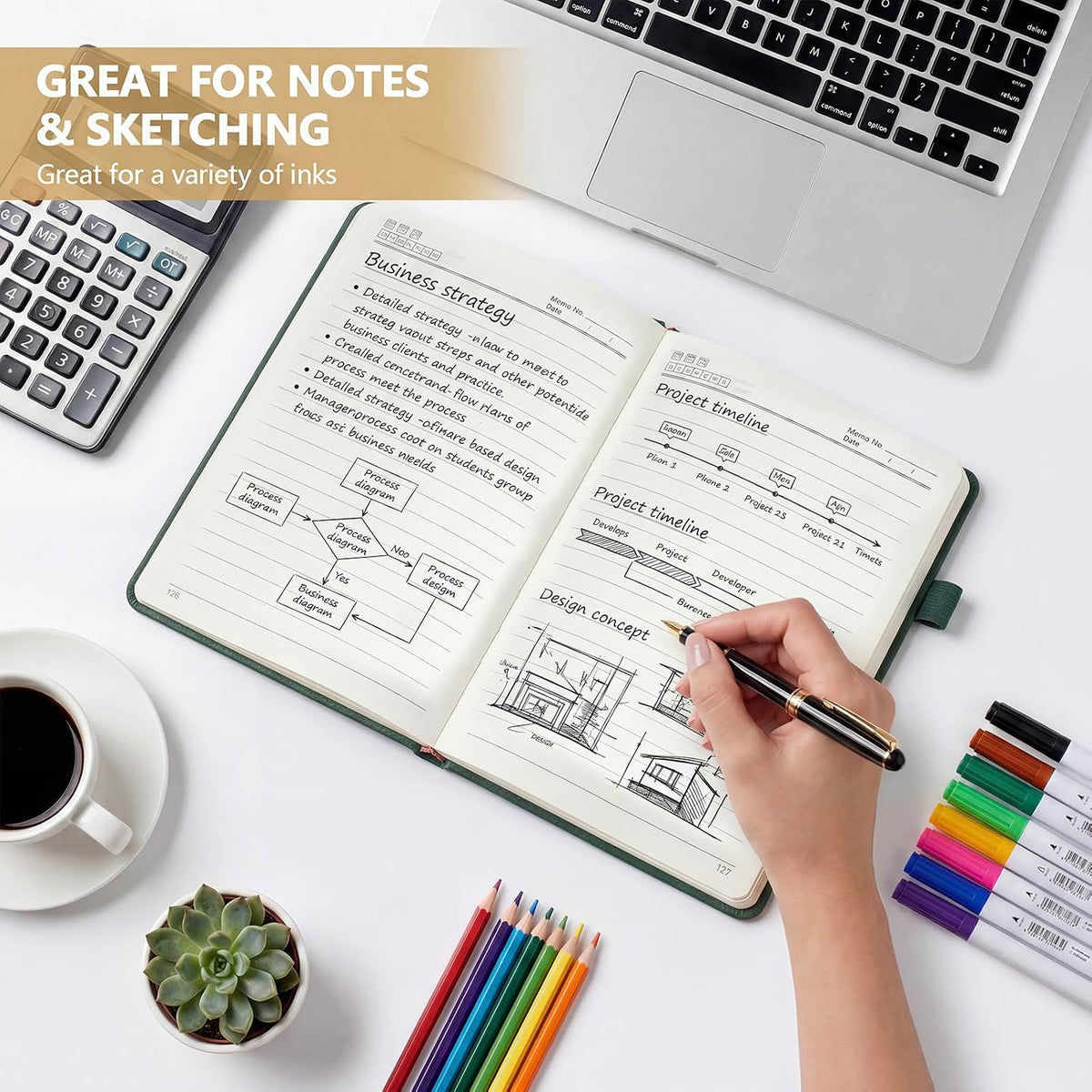 Vintage Hardcover Leather Journal Notebook, A5 Lined Notebook for Business Work School, 224 Pages 100GSM Thick No Bleed Paper, 180° Lay Flay Premium Writing Notebook for Note Taking Daily Diary Travel (Green)