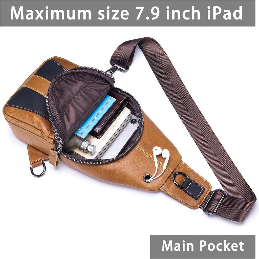 LUKZIJAES Genuine Leather Sling Bag for Men Vintage Crossbody Bag Men Chest Pack Mens Cross Shoulder Bags Hiking Daypacks Travel Backpack (#2-Brown)