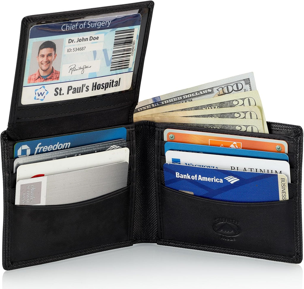 Stealth Mode Leather Bifold Wallet for Men With ID Window and RFID Blocking (Black Crunch)