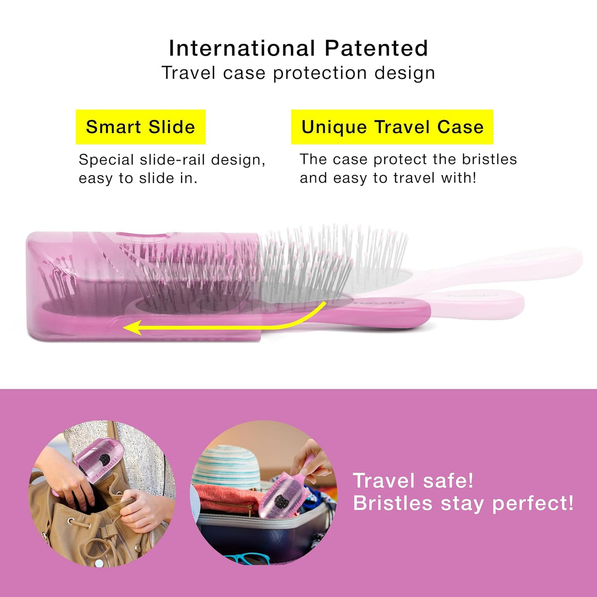 NuWay® Traveler® Patented Compact Hair Brush for Purse, Gym & Daily Carry - Gentle Detangling Brush for Wet or Dry Hair, Everyday Scalp Comfort (Petal Pink)