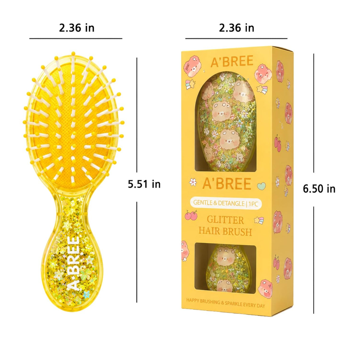 A'BREE Mini Glitter Detangling Hair Brush for Kids Girls Women – Gentle Wet and Dry Hairbrush, Travel Sized Tangle Free Knot Tamer for Toddler, Adorable Character Glitter Design (Sunny Yellow)